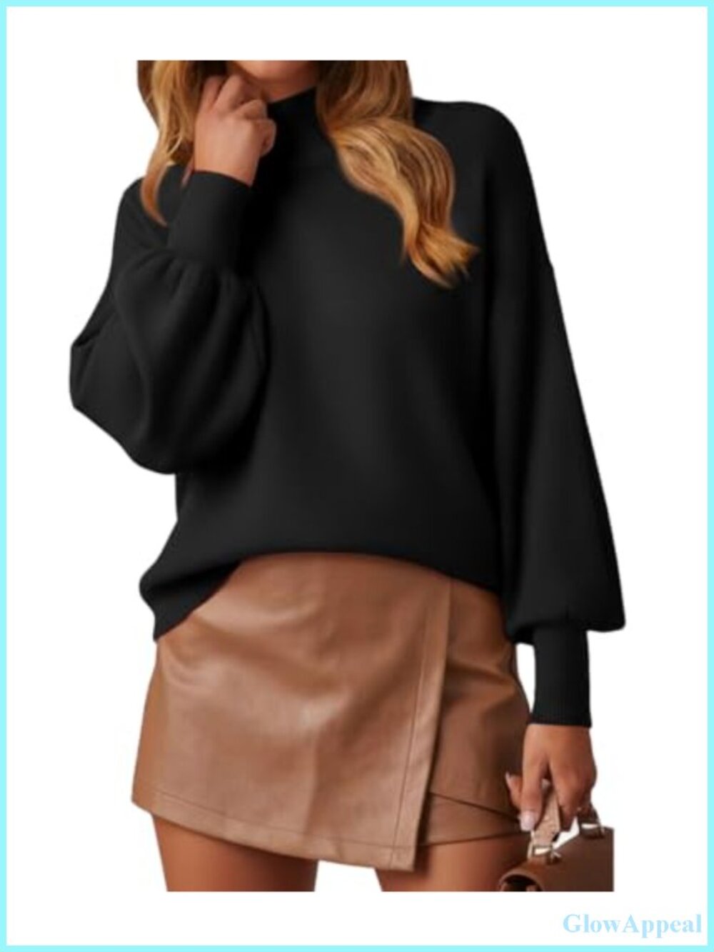 Mock Neck Long Lantern Sleeve Lightweight Knit Pullover Sweater